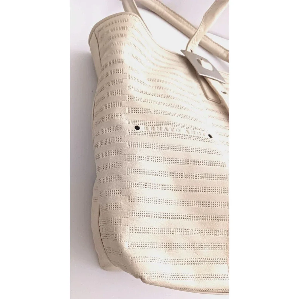 Renato Angi Vanilla Ivory Leather Lg Tote Brushed Silver Buckle Strap Made Italy